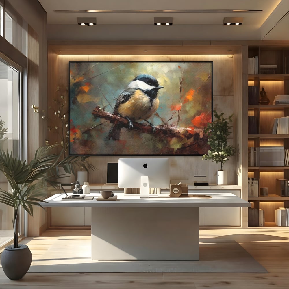 Tablou canvas cu tablou canvas cu pitigoi pe creanga, in rama de aluminiu negru, pe perete intr-un birou